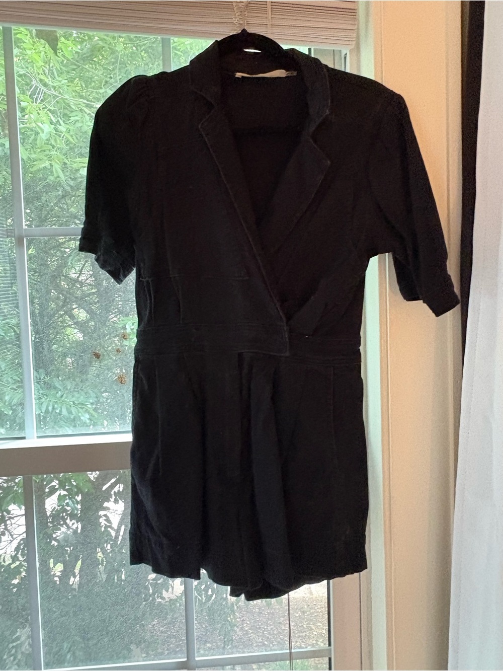Black Short Sleeve Romper with Notch Collar